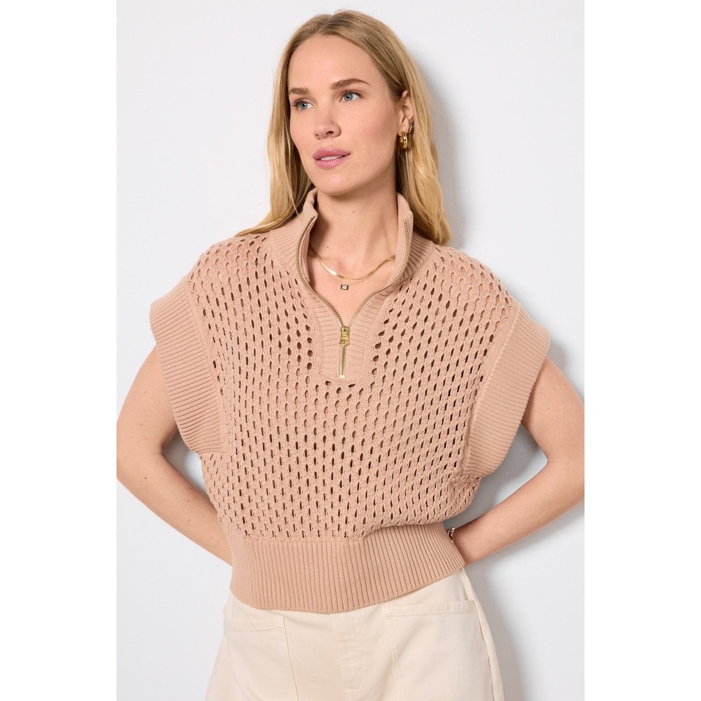 Varley Tan Gaines Half Zip Knit Cotton  Knit Quarter Zip Sweater Vest Size S